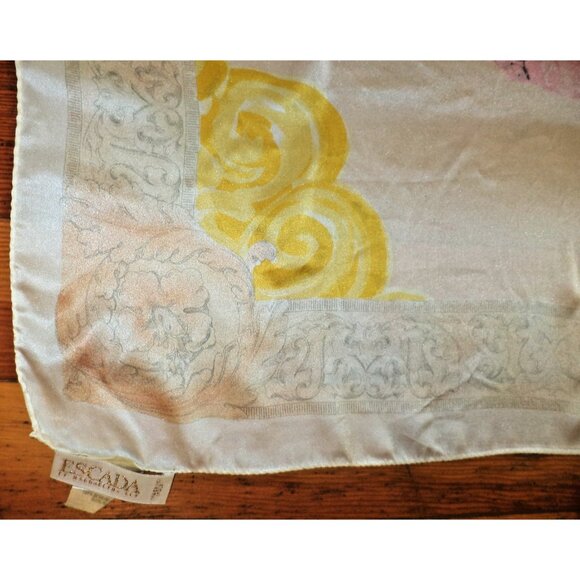 Vtg ESCADA Heavy Satin SILK SCARF Grecian Roman Roses 35"x35" HandRolled Italy - Picture 4 of 5